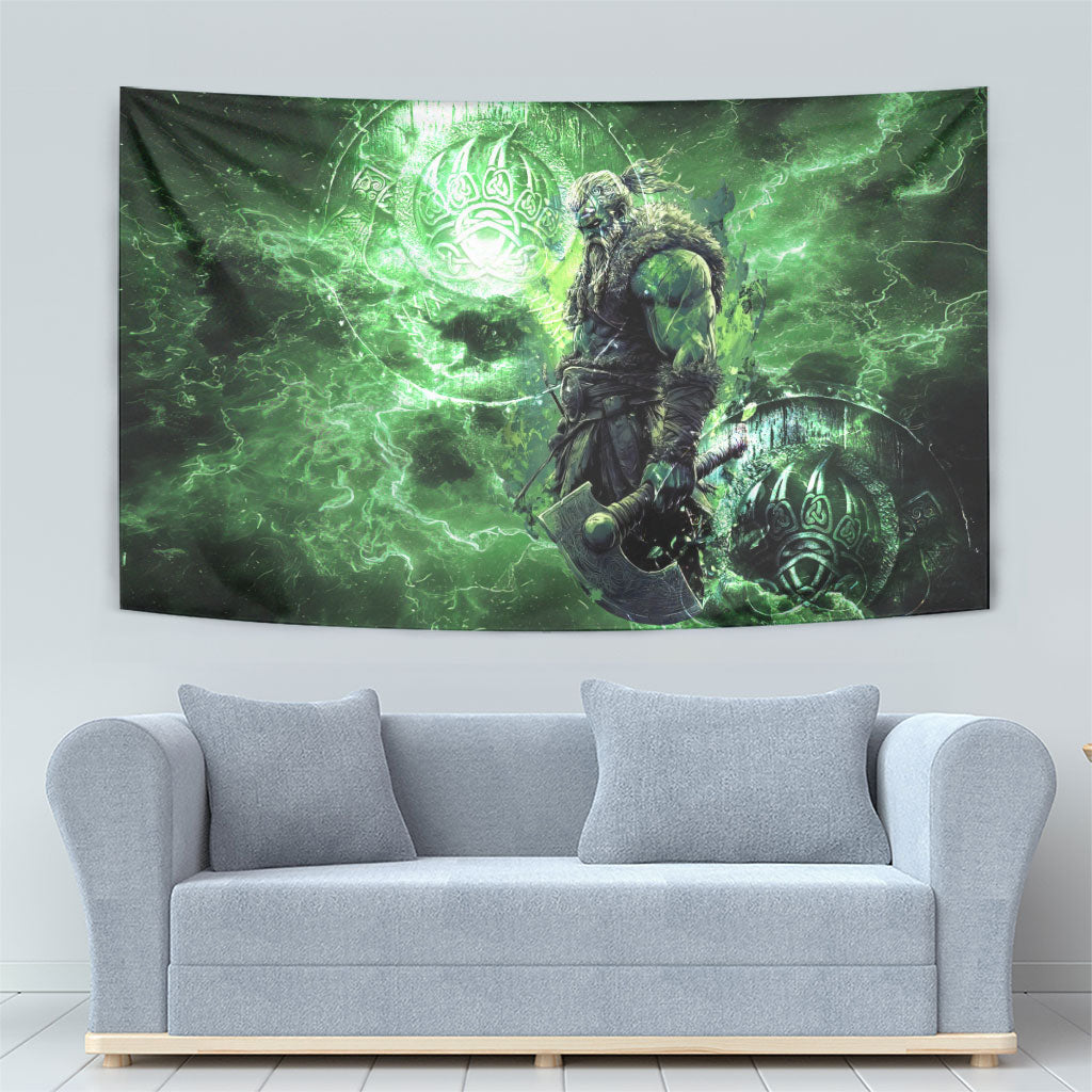 Norse Viking Warrior with Axe Tapestry Celtic Knot Nordic Fantasy Lightning Art