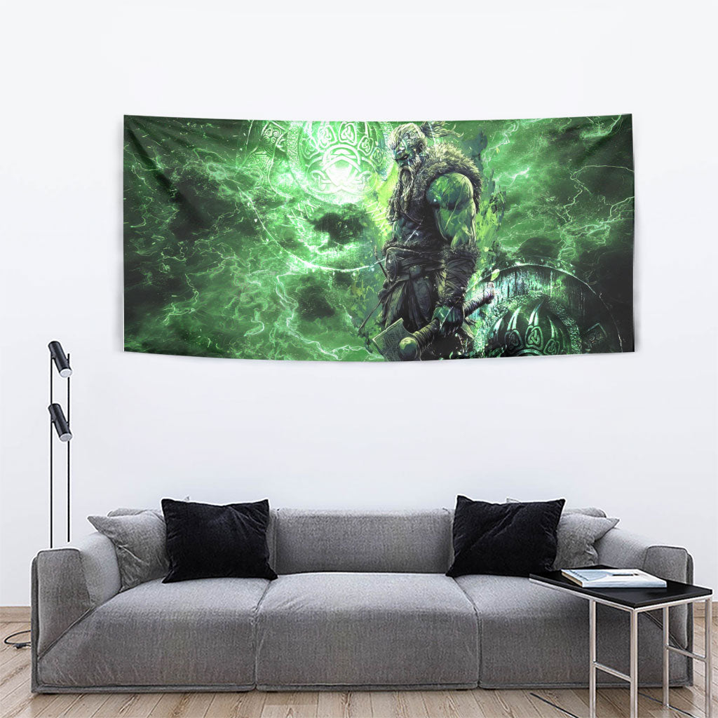 Norse Viking Warrior with Axe Tapestry Celtic Knot Nordic Fantasy Lightning Art