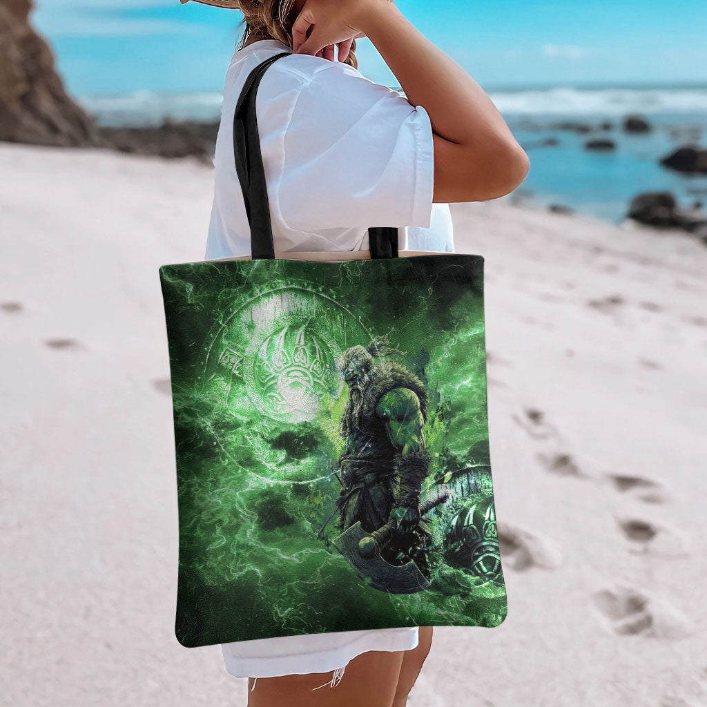 Norse Viking Warrior with Axe Tote Bag Celtic Knot Nordic Fantasy Lightning Art