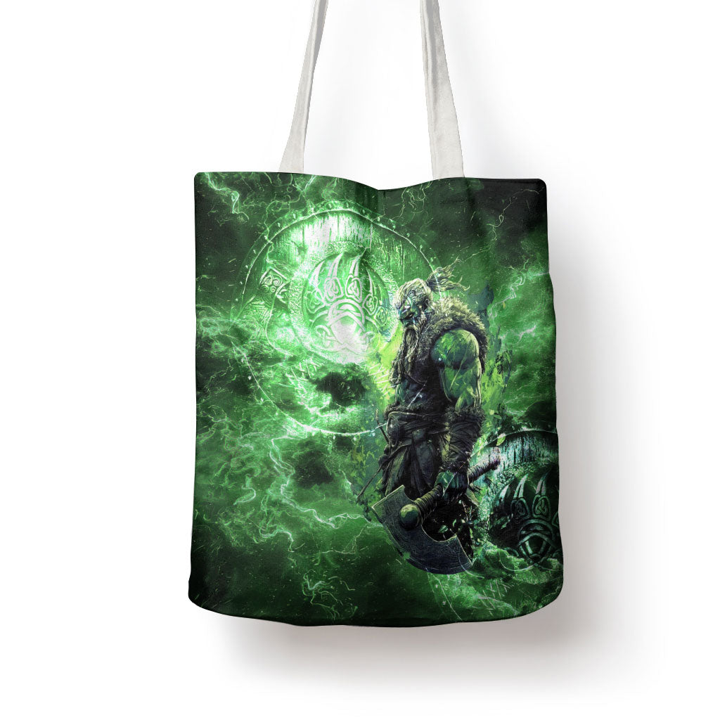 Norse Viking Warrior with Axe Tote Bag Celtic Knot Nordic Fantasy Lightning Art