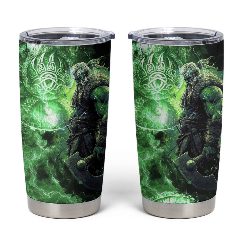 Norse Viking Warrior with Axe Tumbler Cup Celtic Knot Nordic Fantasy Lightning Art