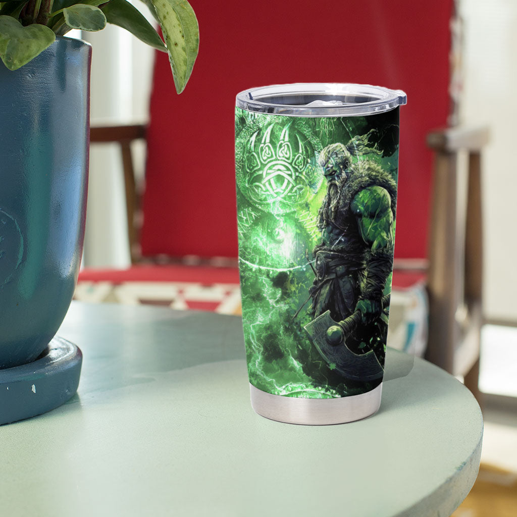 Norse Viking Warrior with Axe Tumbler Cup Celtic Knot Nordic Fantasy Lightning Art