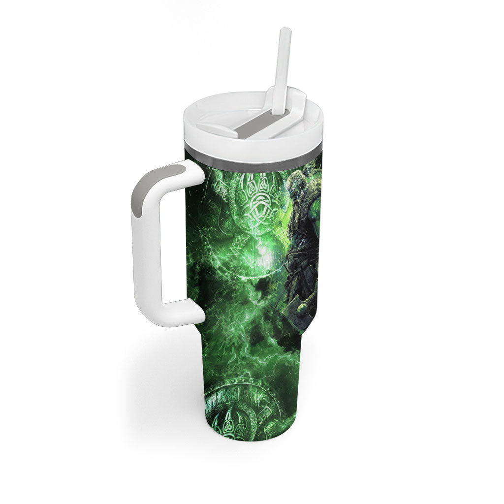 Norse Viking Warrior with Axe Tumbler With Handle Celtic Knot Nordic Fantasy Lightning Art