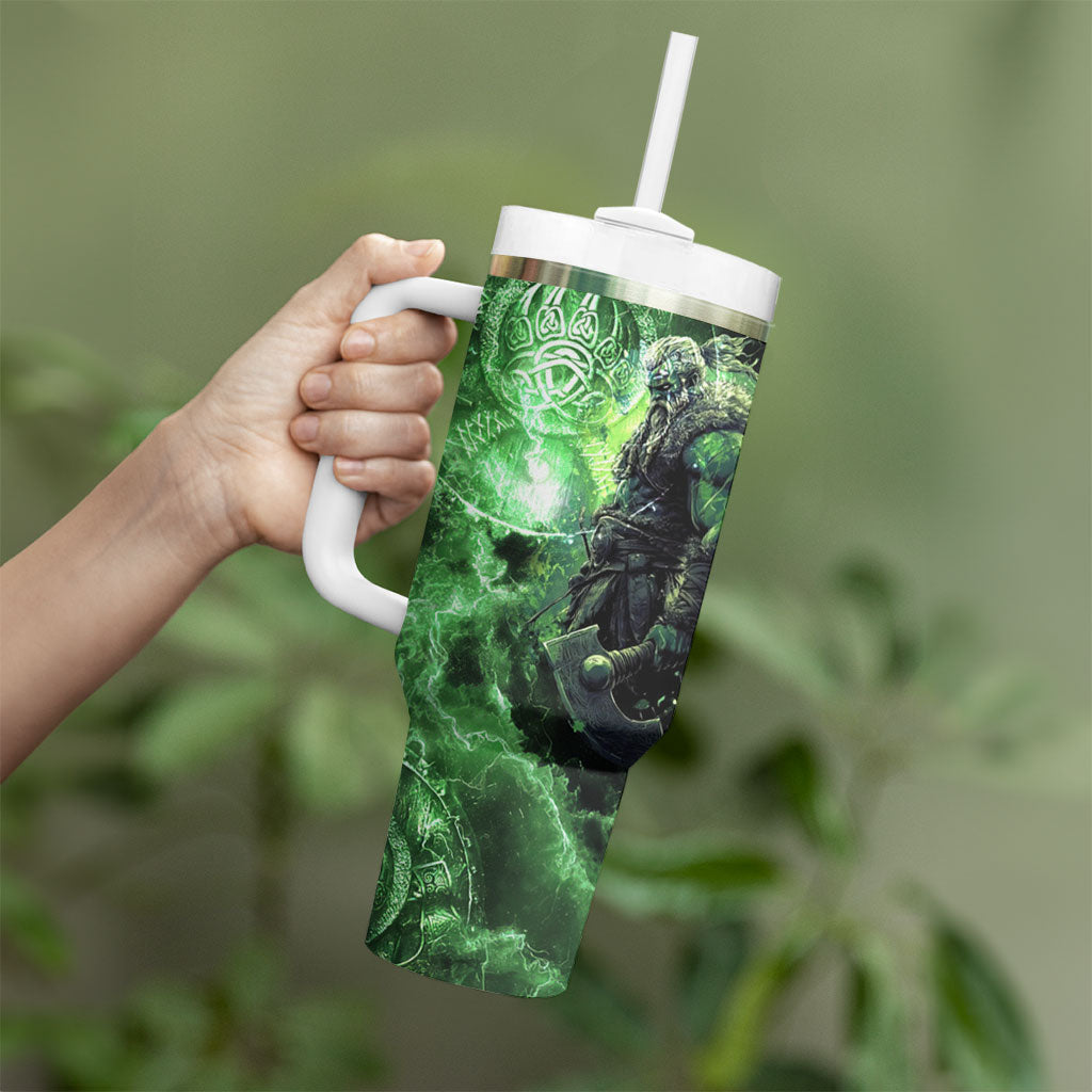 Norse Viking Warrior with Axe Tumbler With Handle Celtic Knot Nordic Fantasy Lightning Art