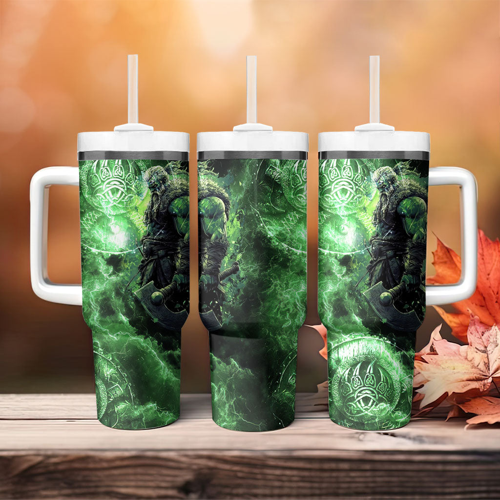 Norse Viking Warrior with Axe Tumbler With Handle Celtic Knot Nordic Fantasy Lightning Art