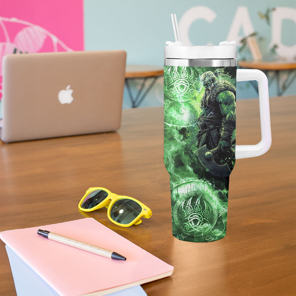 Norse Viking Warrior with Axe Tumbler With Handle Celtic Knot Nordic Fantasy Lightning Art