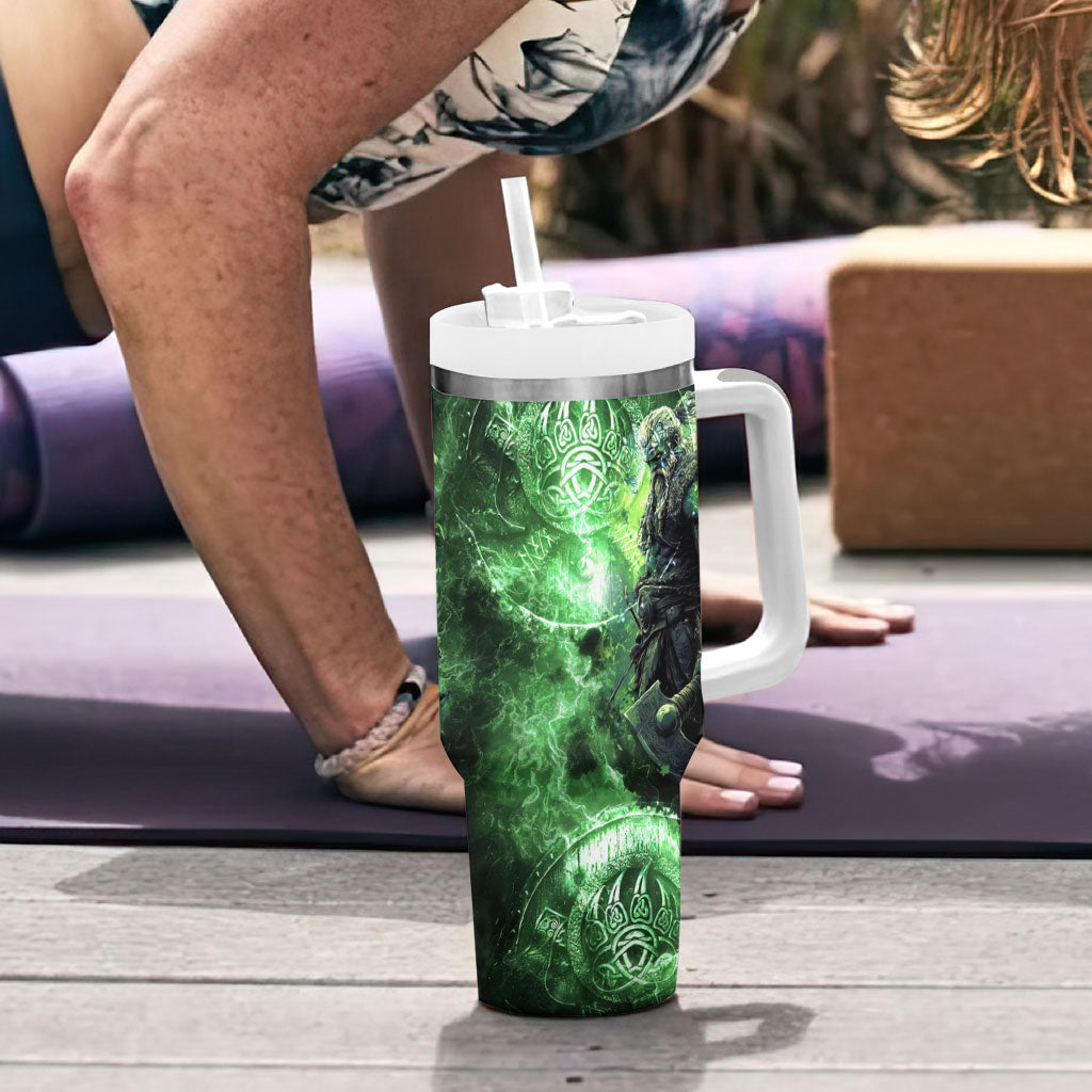 Norse Viking Warrior with Axe Tumbler With Handle Celtic Knot Nordic Fantasy Lightning Art