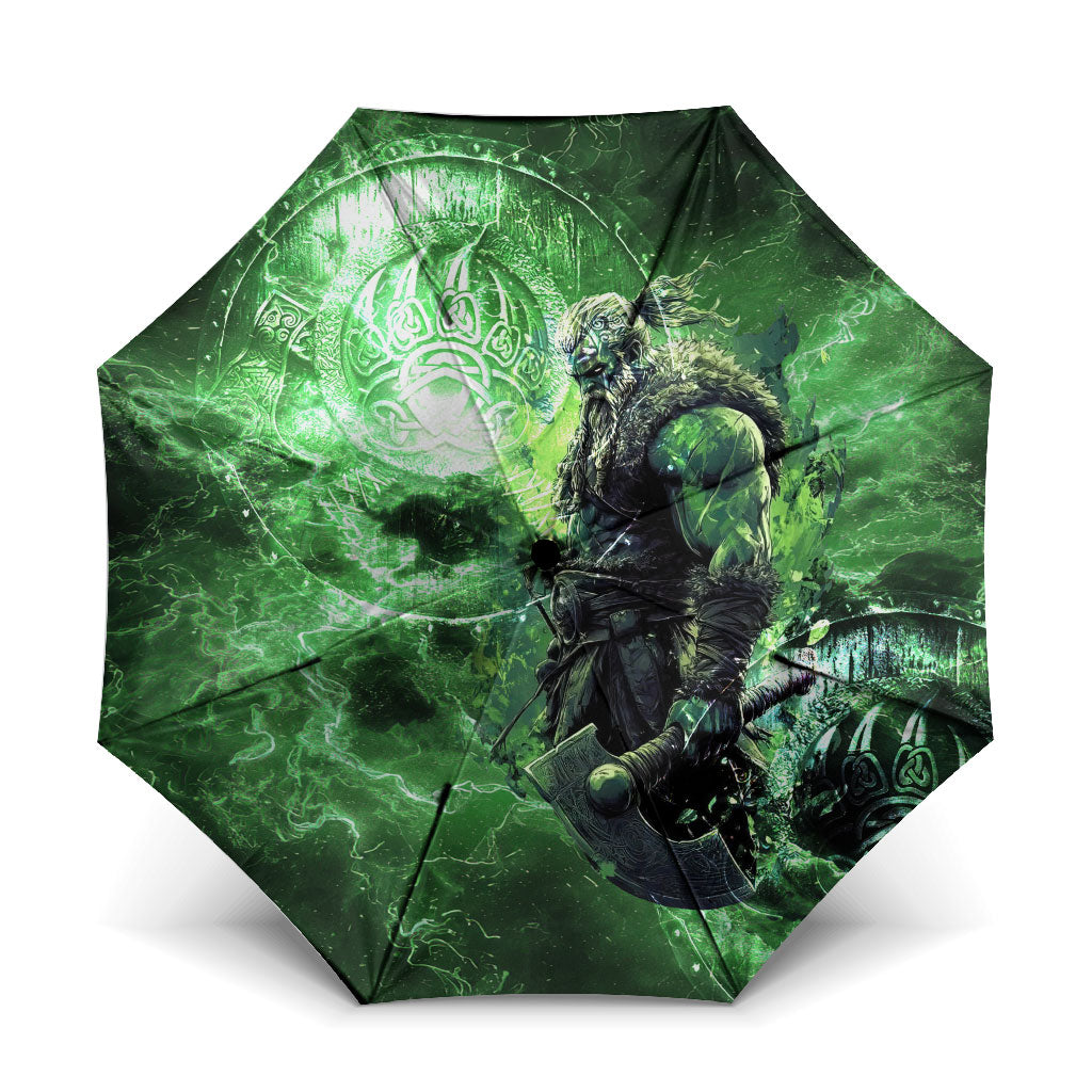 Norse Viking Warrior with Axe Umbrella Celtic Knot Nordic Fantasy Lightning Art