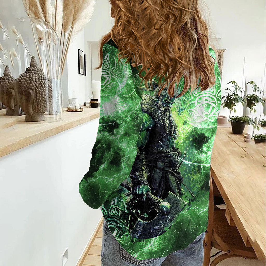 Norse Viking Warrior with Axe Women Casual Shirt Celtic Knot Nordic Fantasy Lightning Art