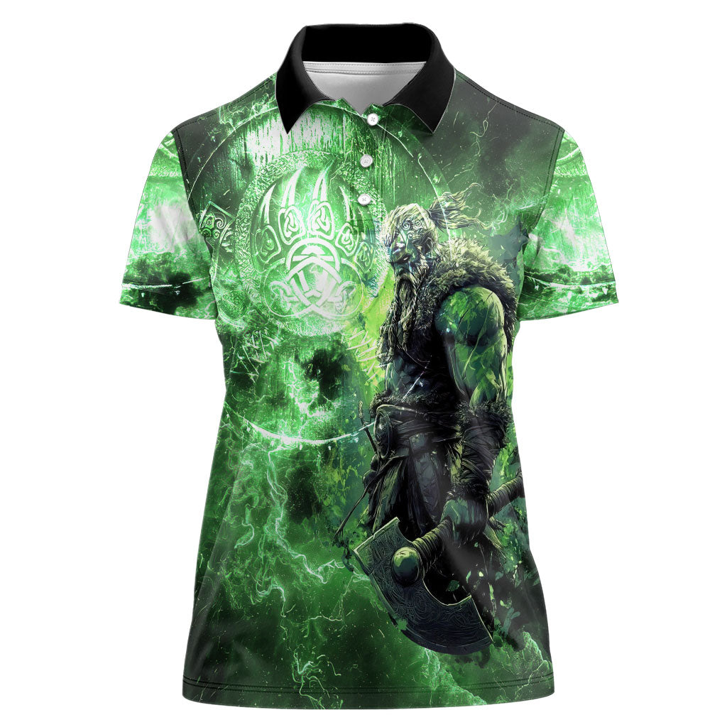Norse Viking Warrior with Axe Women Polo Shirt Celtic Knot Nordic Fantasy Lightning Art