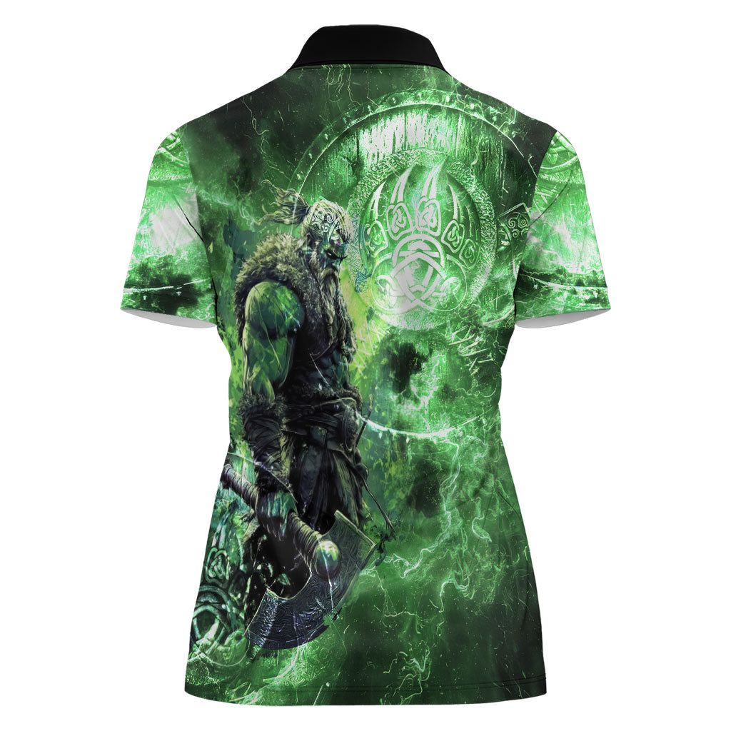 Norse Viking Warrior with Axe Women Polo Shirt Celtic Knot Nordic Fantasy Lightning Art