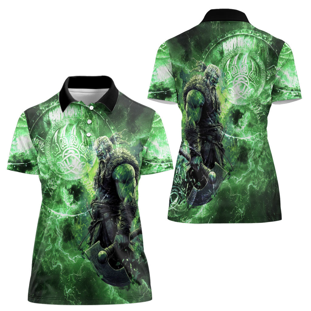 Norse Viking Warrior with Axe Women Polo Shirt Celtic Knot Nordic Fantasy Lightning Art