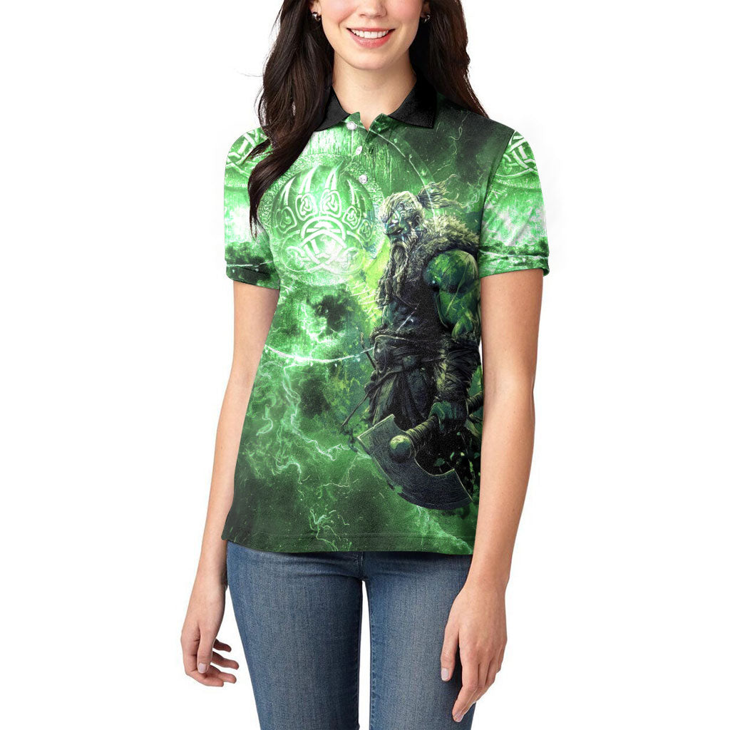 Norse Viking Warrior with Axe Women Polo Shirt Celtic Knot Nordic Fantasy Lightning Art