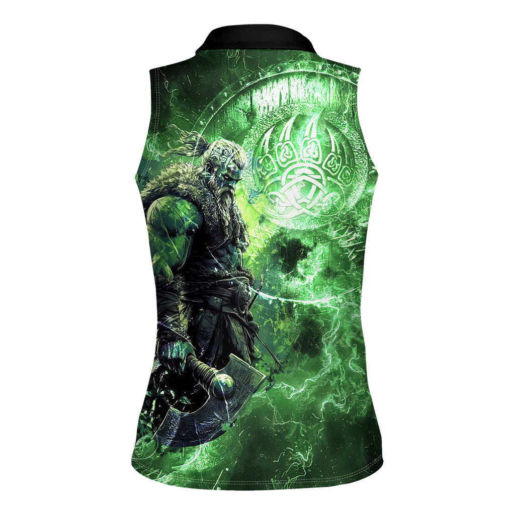 Norse Viking Warrior with Axe Women Sleeveless Polo Shirt Celtic Knot Nordic Fantasy Lightning Art