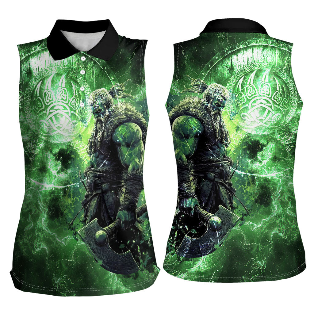 Norse Viking Warrior with Axe Women Sleeveless Polo Shirt Celtic Knot Nordic Fantasy Lightning Art