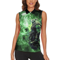Norse Viking Warrior with Axe Women Sleeveless Polo Shirt Celtic Knot Nordic Fantasy Lightning Art
