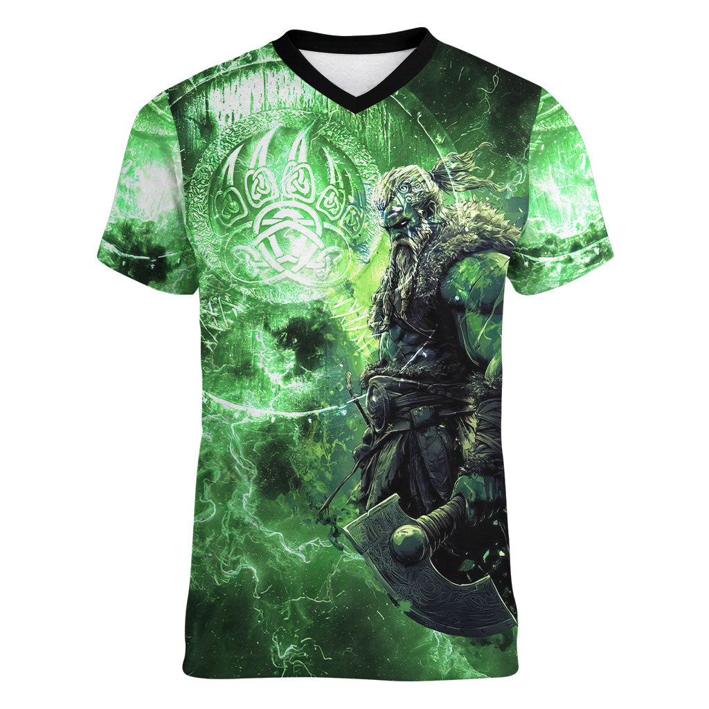 Norse Viking Warrior with Axe Women V-Neck T-Shirt Celtic Knot Nordic Fantasy Lightning Art