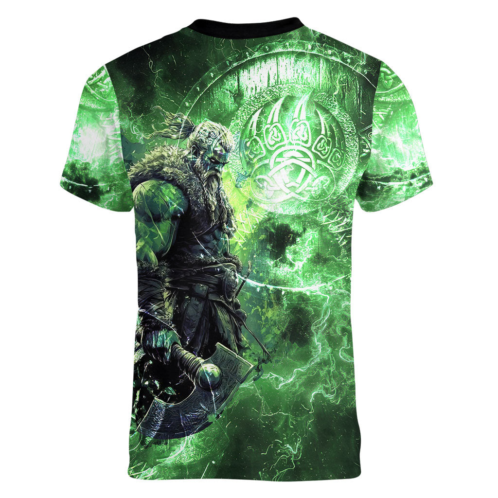 Norse Viking Warrior with Axe Women V-Neck T-Shirt Celtic Knot Nordic Fantasy Lightning Art