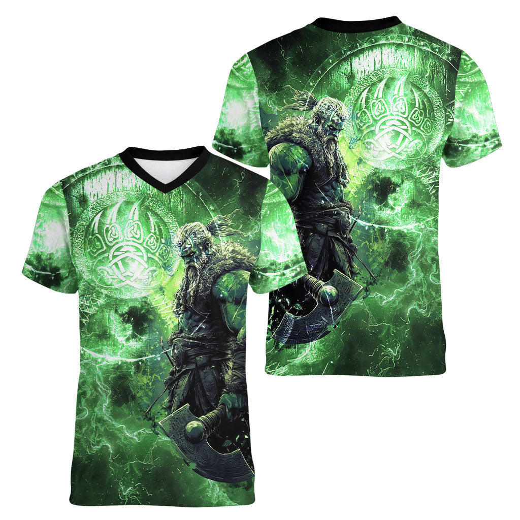 Norse Viking Warrior with Axe Women V-Neck T-Shirt Celtic Knot Nordic Fantasy Lightning Art
