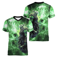 Norse Viking Warrior with Axe Women V-Neck T-Shirt Celtic Knot Nordic Fantasy Lightning Art