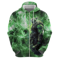 Norse Viking Warrior with Axe Zip Hoodie Celtic Knot Nordic Fantasy Lightning Art