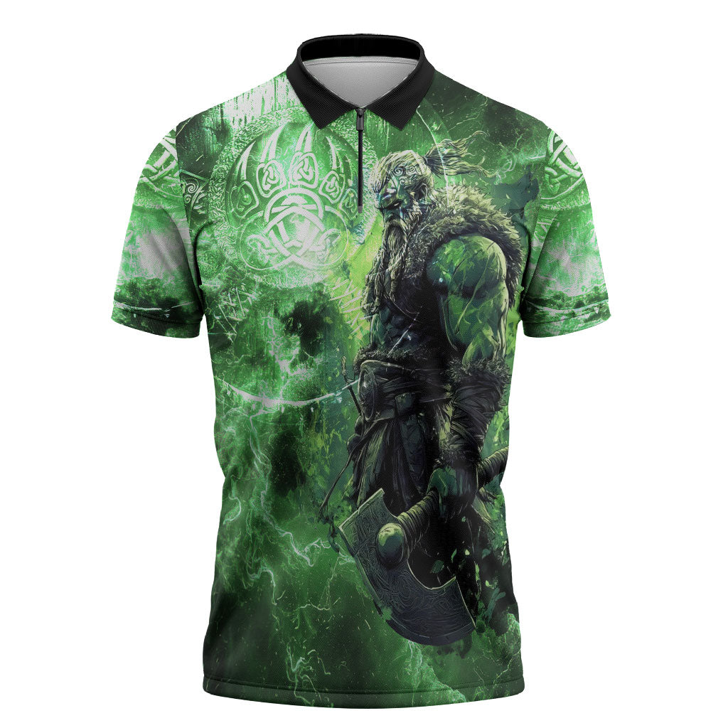 Norse Viking Warrior with Axe Zipper Polo Shirt Celtic Knot Nordic Fantasy Lightning Art