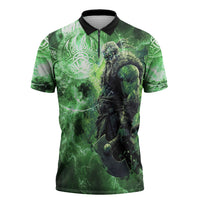Norse Viking Warrior with Axe Zipper Polo Shirt Celtic Knot Nordic Fantasy Lightning Art
