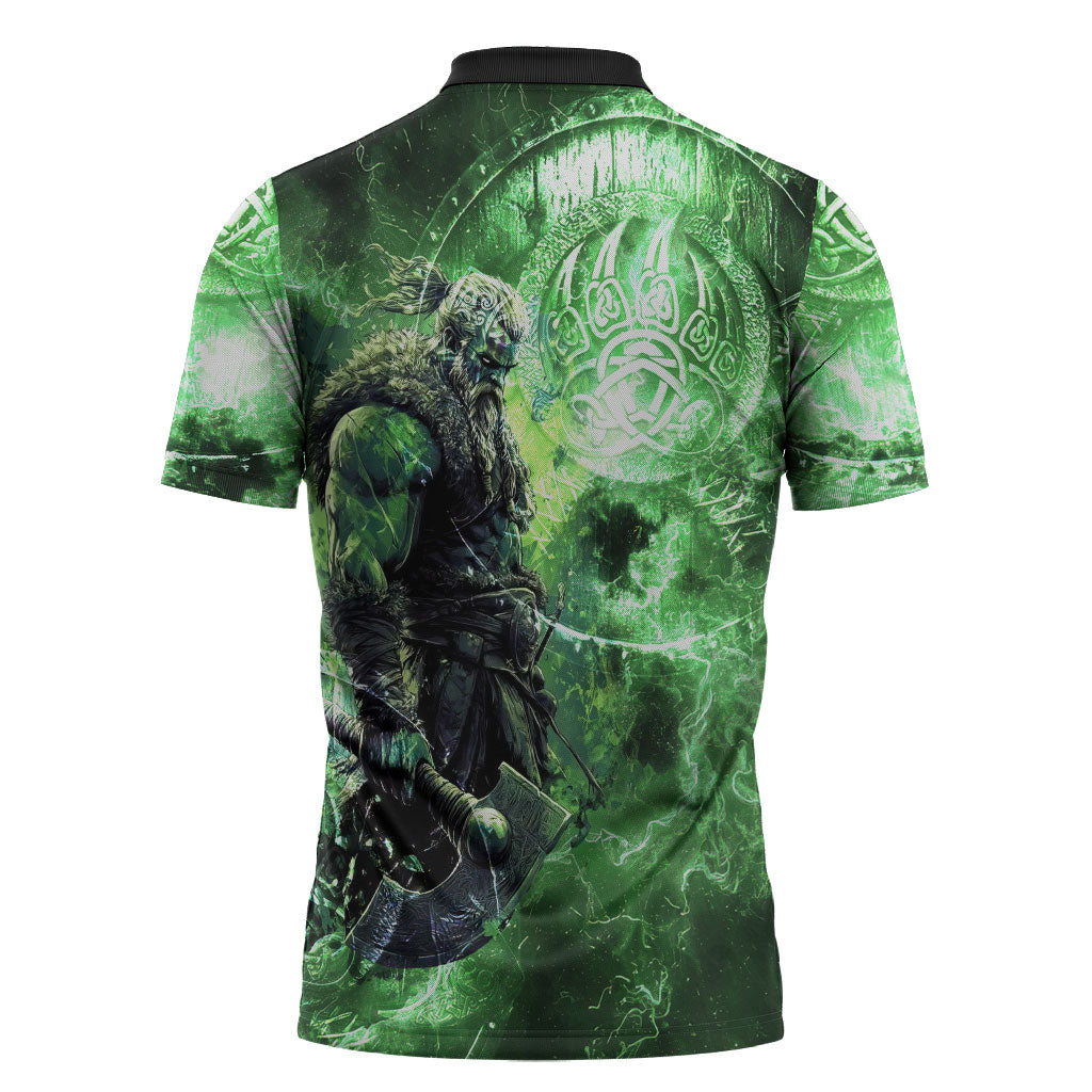 Norse Viking Warrior with Axe Zipper Polo Shirt Celtic Knot Nordic Fantasy Lightning Art