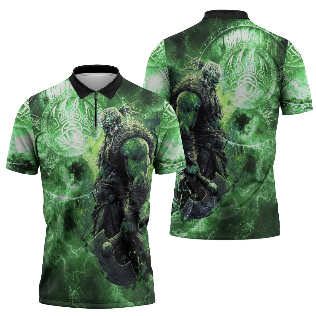Norse Viking Warrior with Axe Zipper Polo Shirt Celtic Knot Nordic Fantasy Lightning Art
