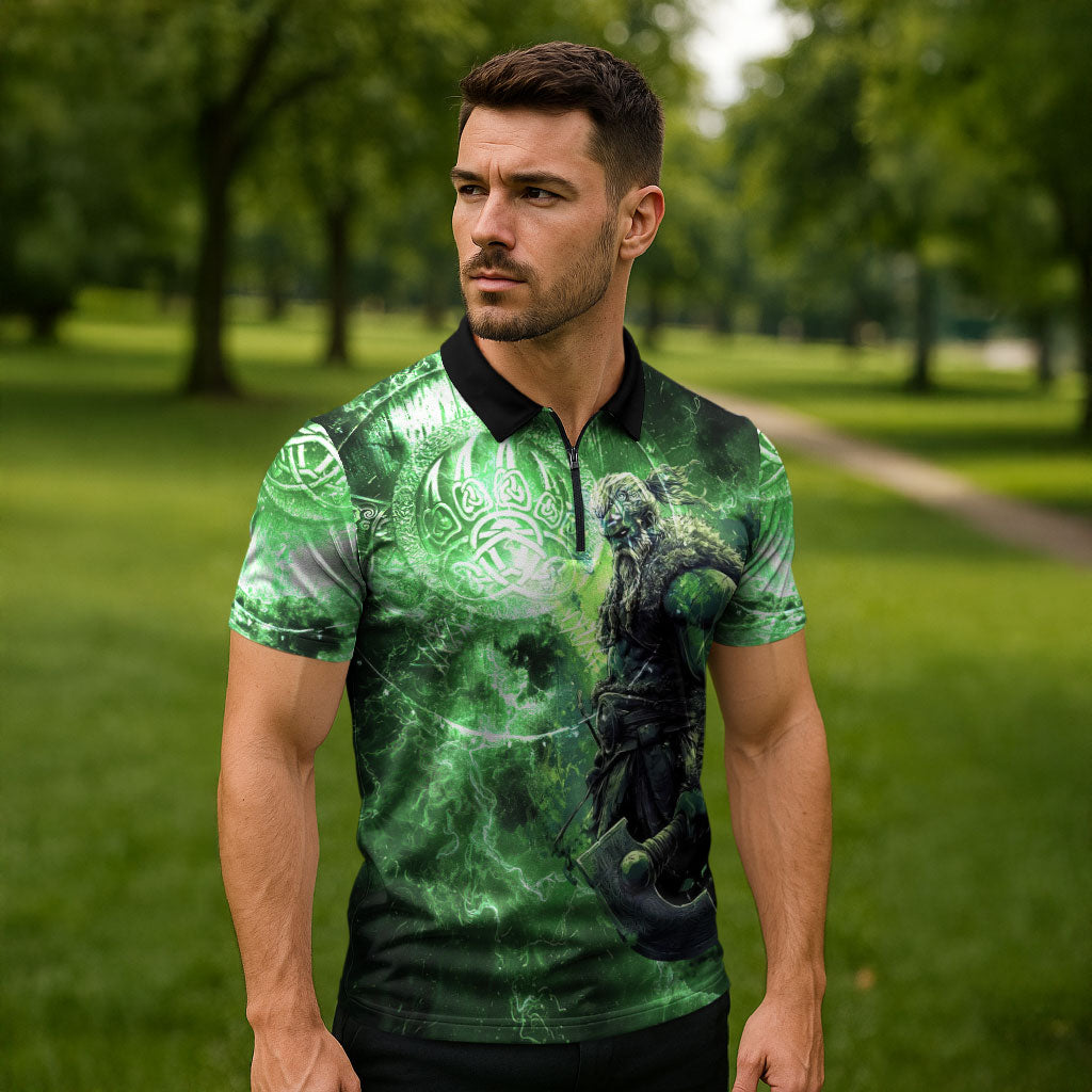 Norse Viking Warrior with Axe Zipper Polo Shirt Celtic Knot Nordic Fantasy Lightning Art