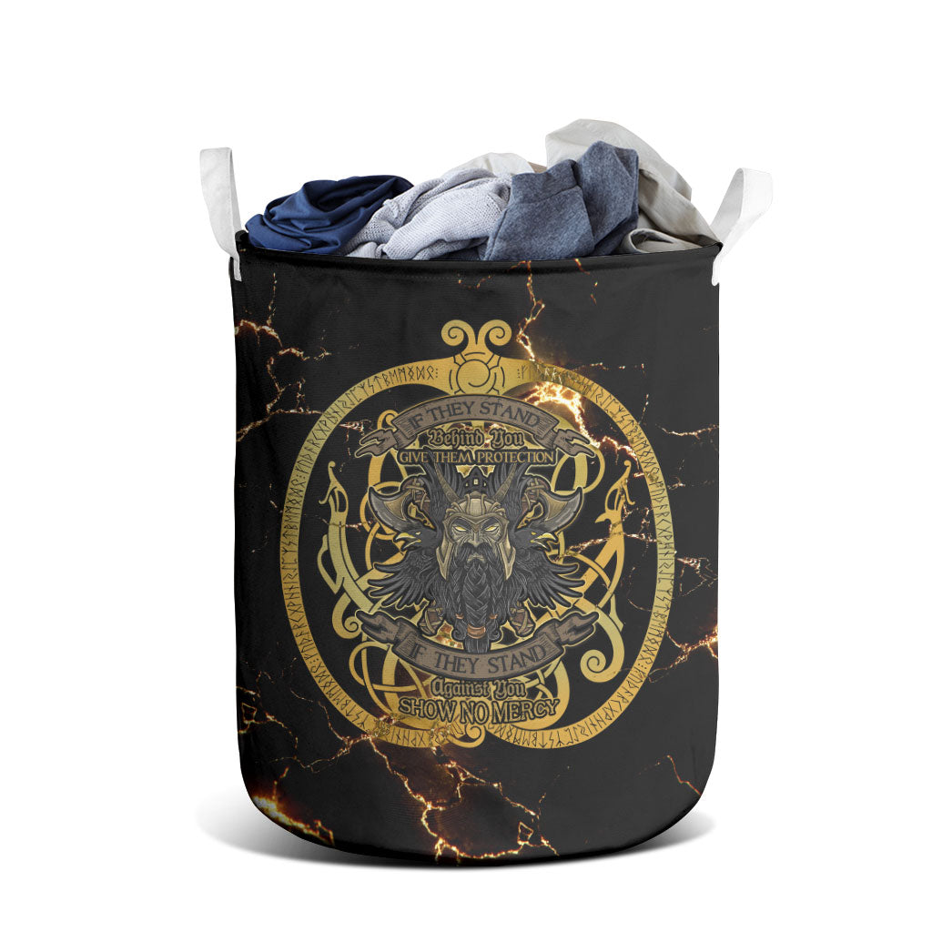 Viking Warrior Guardian Quote Laundry Basket Runic Circle Odin Ravens Mythology Dark Gold