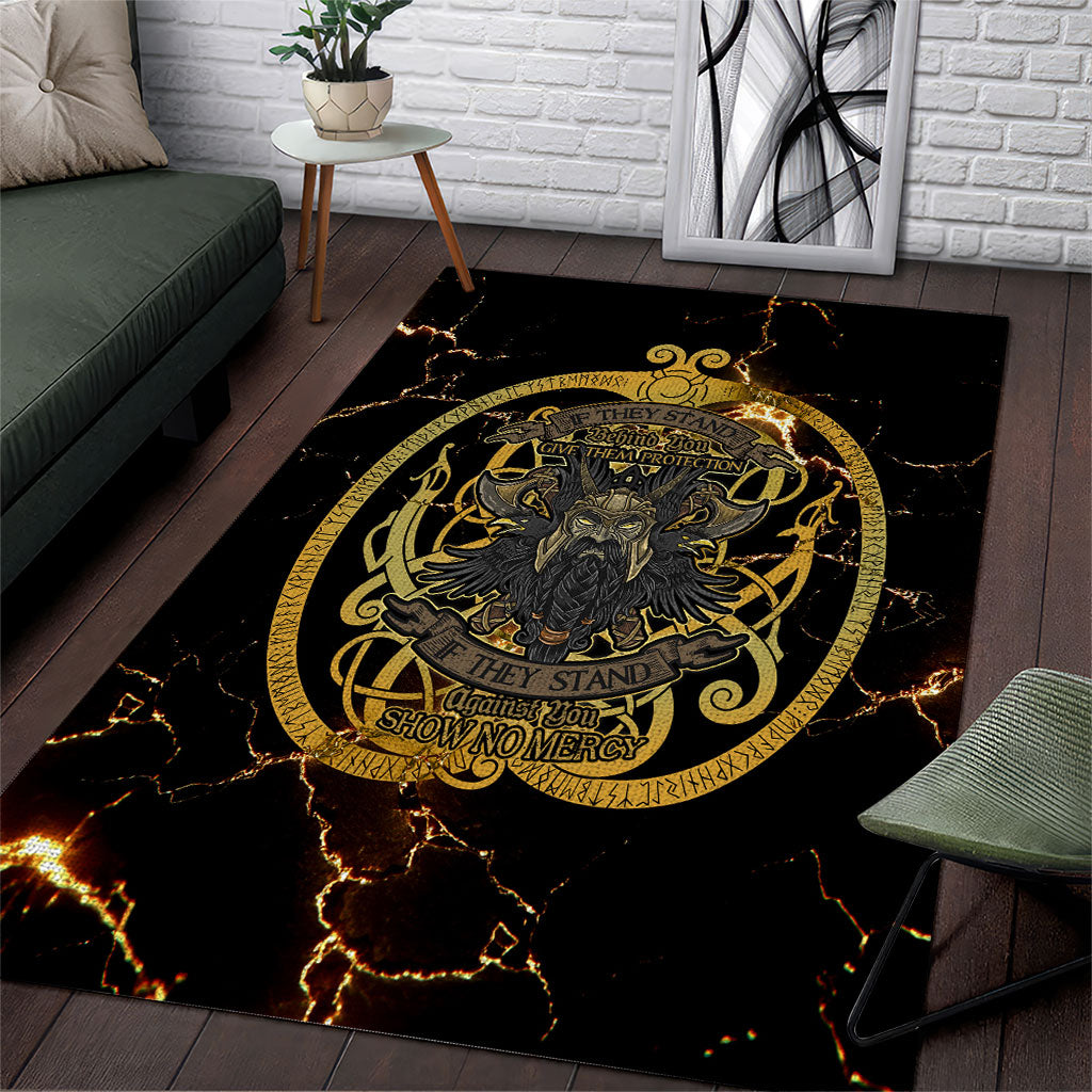 Viking Warrior Guardian Quote Area Rug Runic Circle Odin Ravens Mythology Dark Gold
