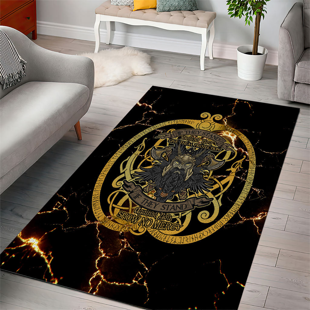 Viking Warrior Guardian Quote Area Rug Runic Circle Odin Ravens Mythology Dark Gold