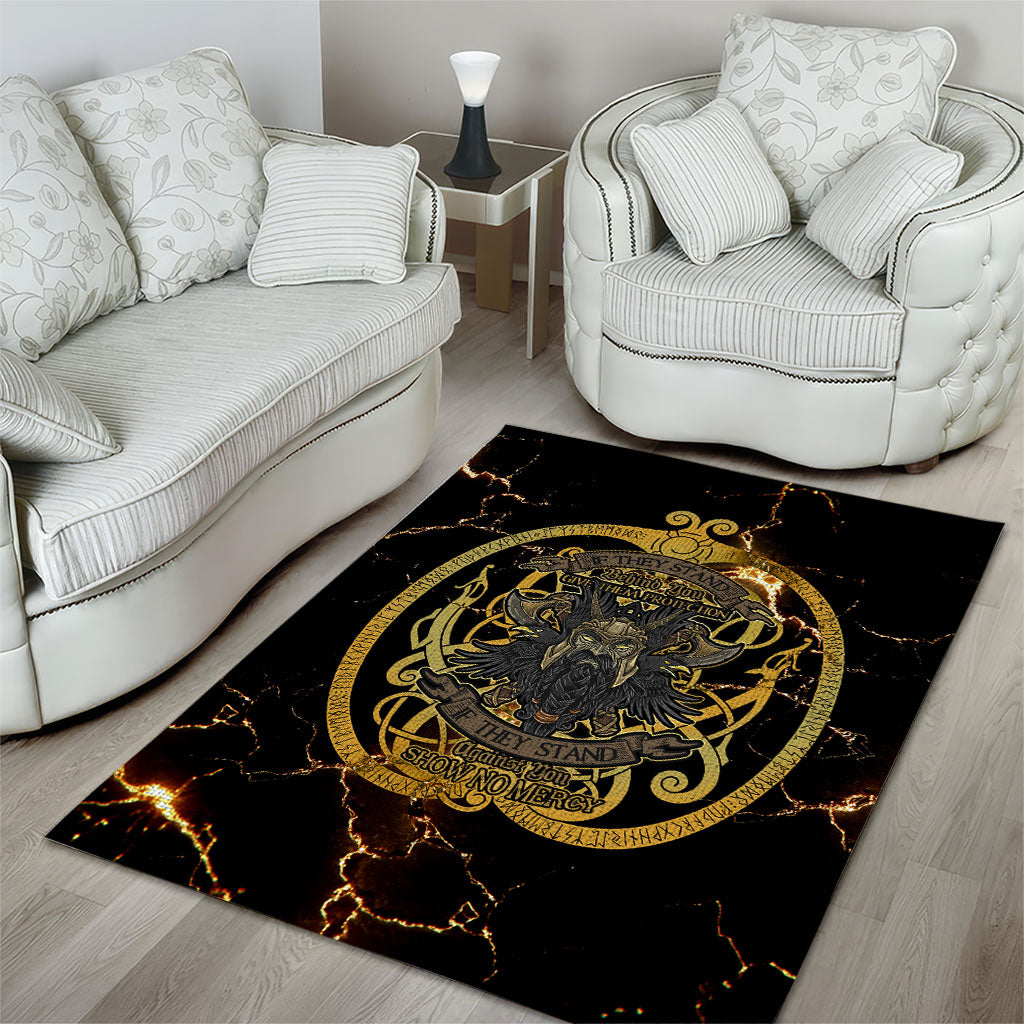 Viking Warrior Guardian Quote Area Rug Runic Circle Odin Ravens Mythology Dark Gold