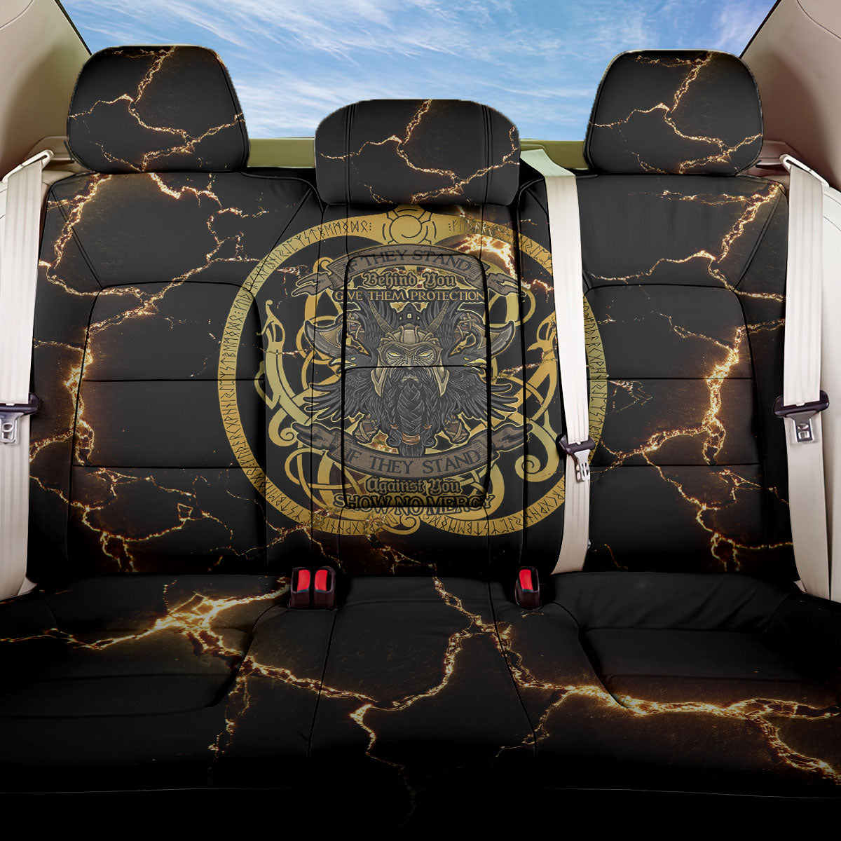 Viking Warrior Guardian Quote Back Car Seat Cover Runic Circle Odin Ravens Mythology Dark Gold