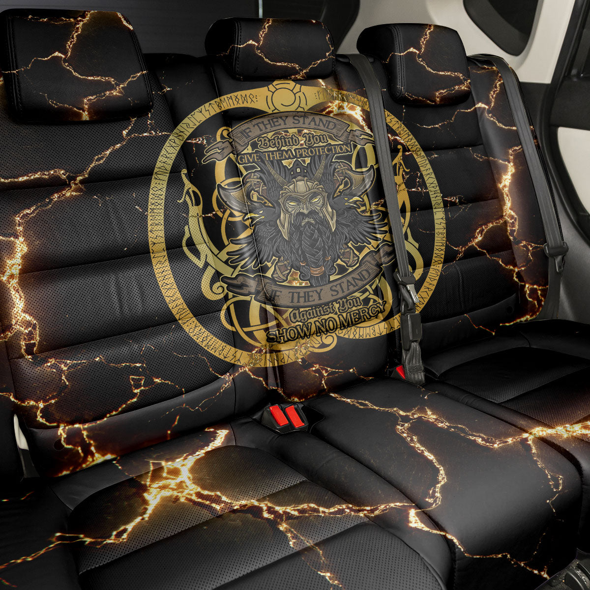 Viking Warrior Guardian Quote Back Car Seat Cover Runic Circle Odin Ravens Mythology Dark Gold