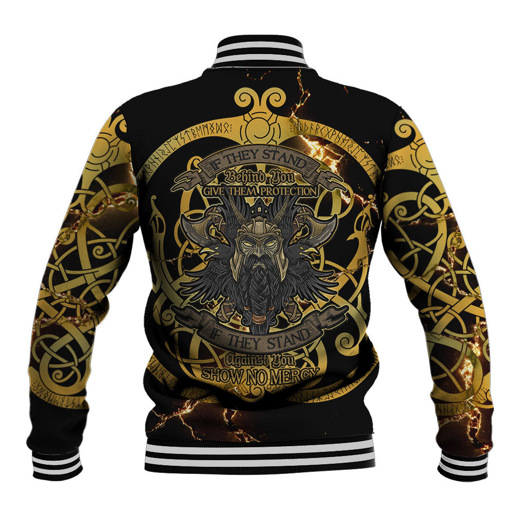 Viking Warrior Guardian Quote Baseball Jacket Runic Circle Odin Ravens Mythology Dark Gold