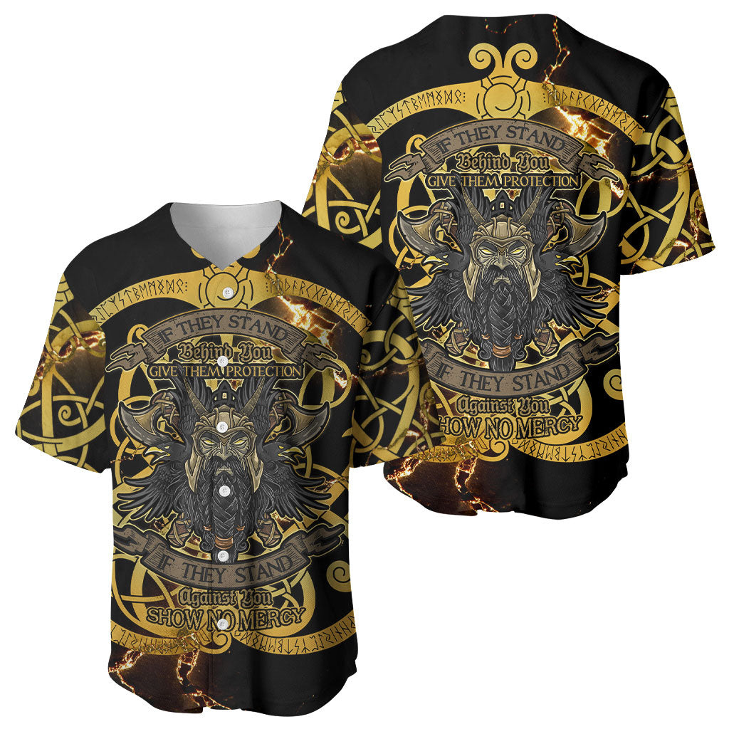 Viking Warrior Guardian Quote Baseball Jersey Runic Circle Odin Ravens Mythology Dark Gold