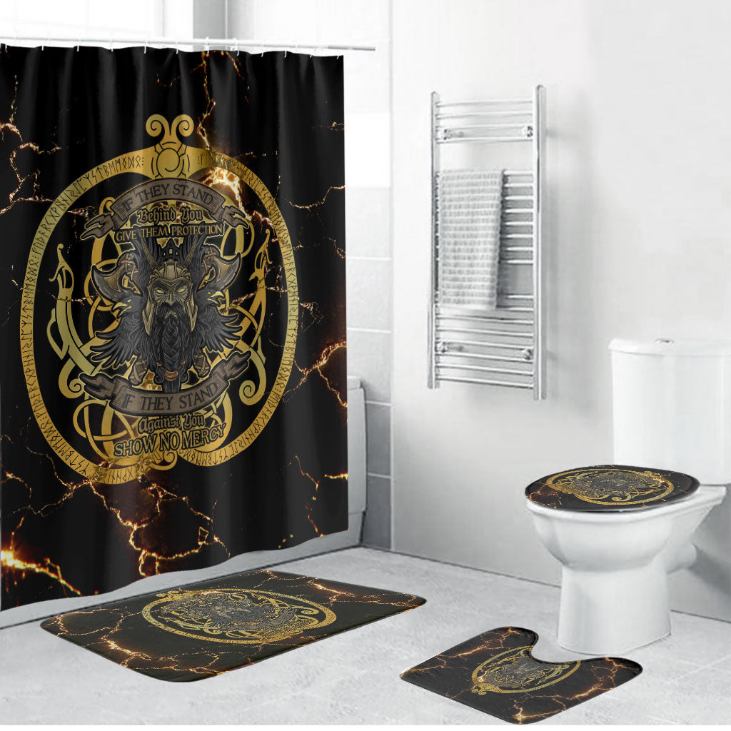 Viking Warrior Guardian Quote Bathroom Set Runic Circle Odin Ravens Mythology Dark Gold