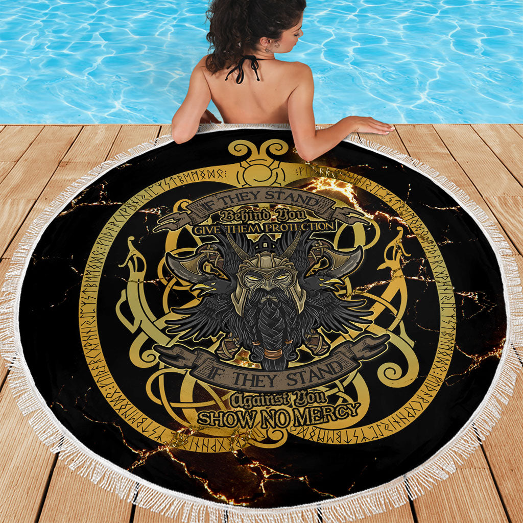 Viking Warrior Guardian Quote Beach Blanket Runic Circle Odin Ravens Mythology Dark Gold