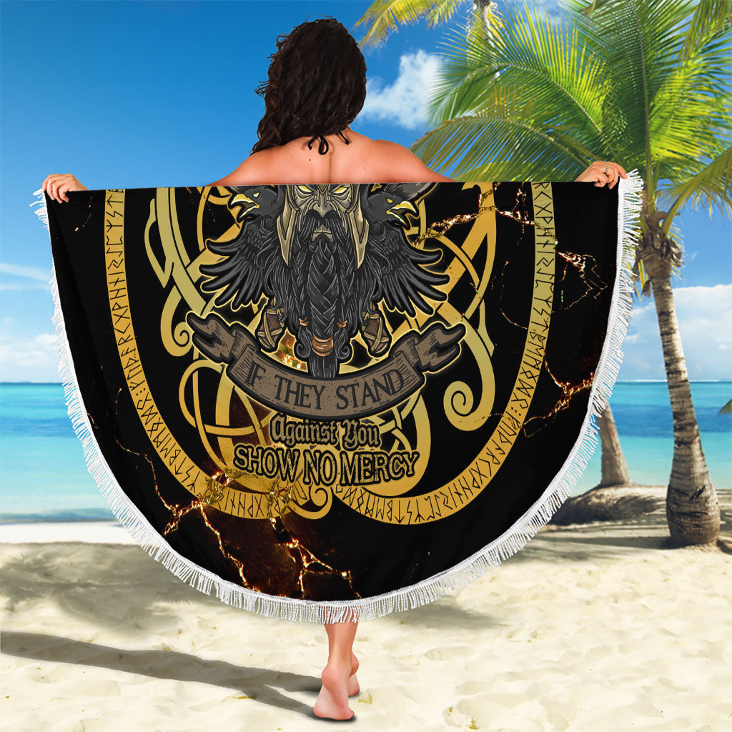Viking Warrior Guardian Quote Beach Blanket Runic Circle Odin Ravens Mythology Dark Gold