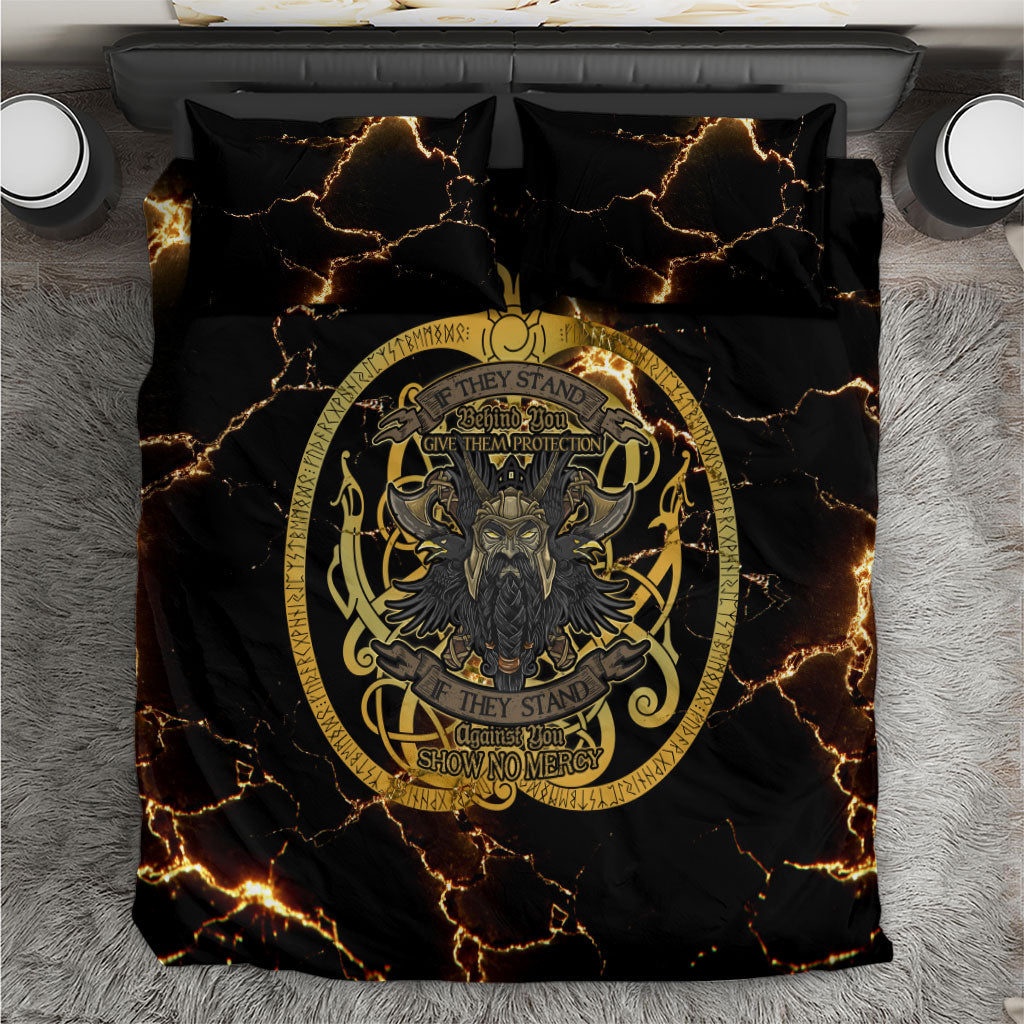 Viking Warrior Guardian Quote Bedding Set Runic Circle Odin Ravens Mythology Dark Gold