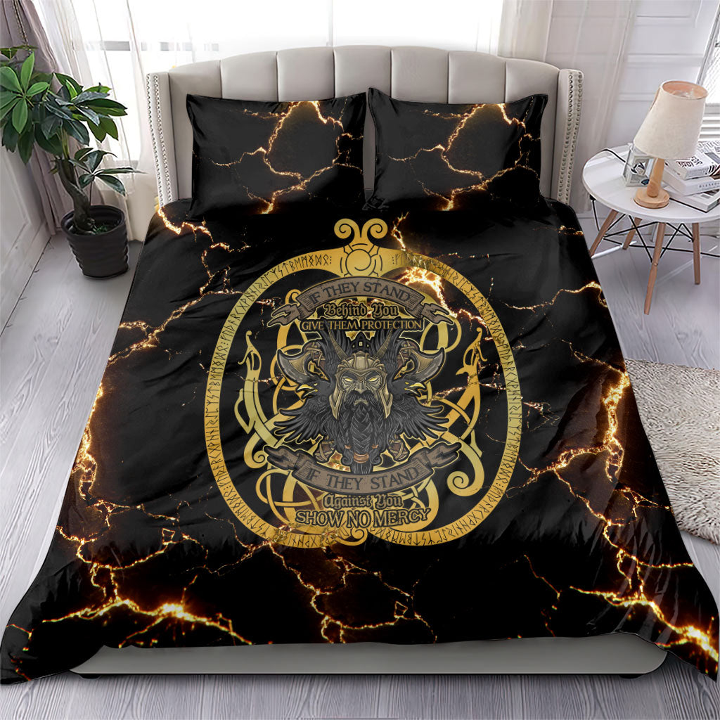 Viking Warrior Guardian Quote Bedding Set Runic Circle Odin Ravens Mythology Dark Gold