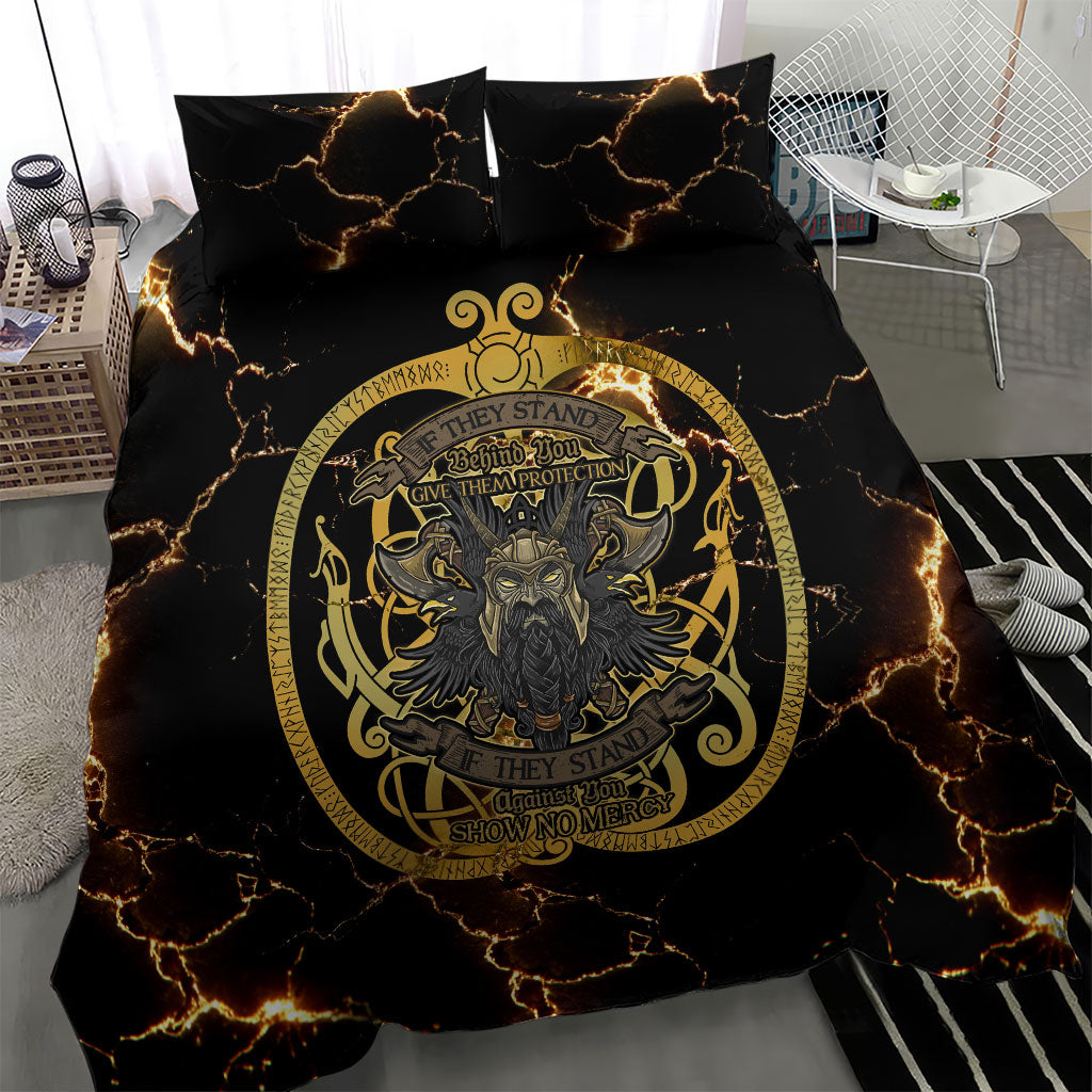 Viking Warrior Guardian Quote Bedding Set Runic Circle Odin Ravens Mythology Dark Gold