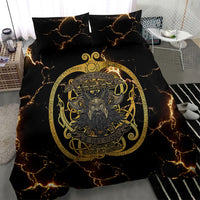Viking Warrior Guardian Quote Bedding Set Runic Circle Odin Ravens Mythology Dark Gold