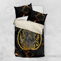 Viking Warrior Guardian Quote Bedding Set Runic Circle Odin Ravens Mythology Dark Gold