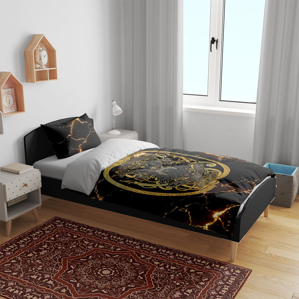 Viking Warrior Guardian Quote Bedding Set Runic Circle Odin Ravens Mythology Dark Gold