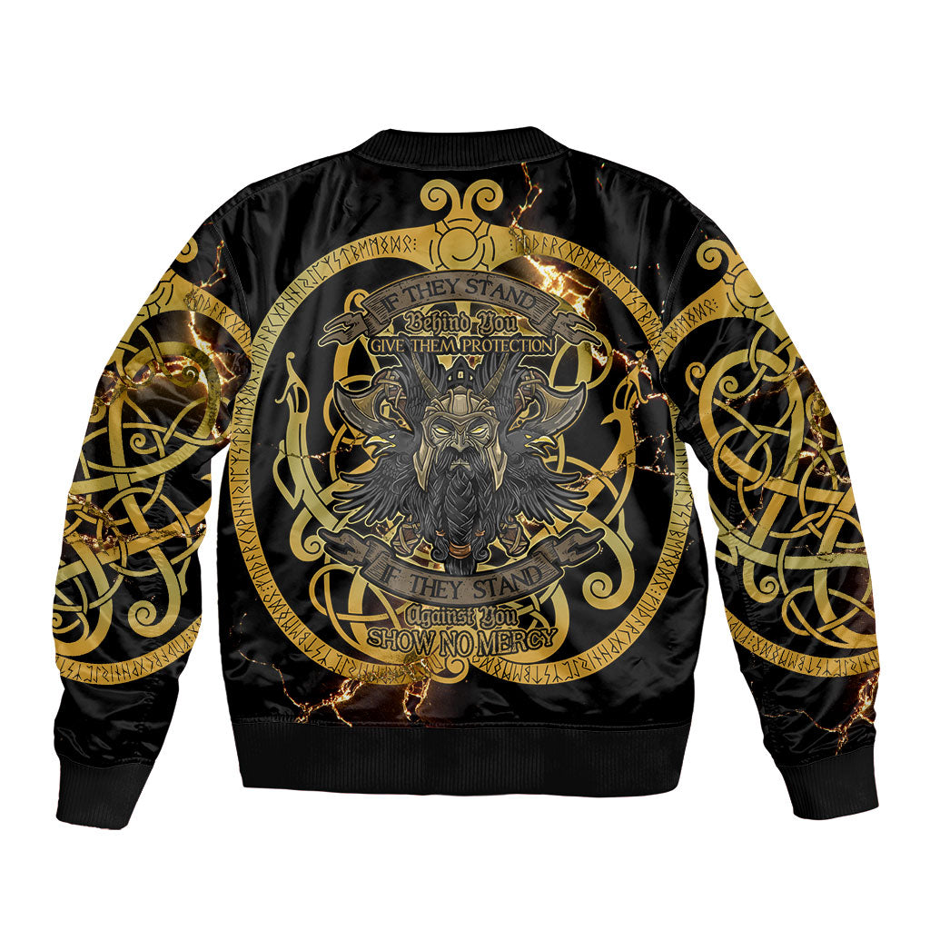 Viking Warrior Guardian Quote Bomber Jacket Runic Circle Odin Ravens Mythology Dark Gold