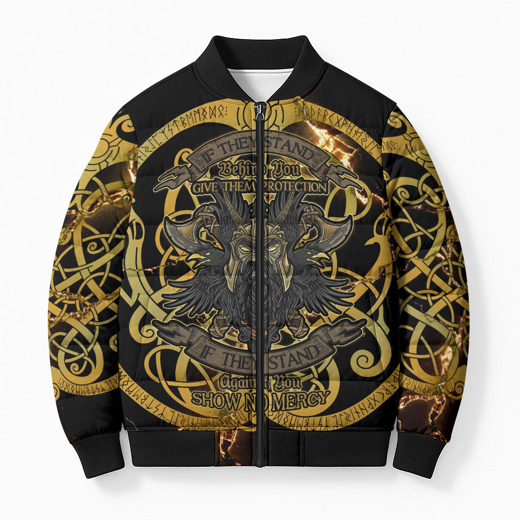 Viking Warrior Guardian Quote Bomber Puffer Jacket Runic Circle Odin Ravens Mythology Dark Gold
