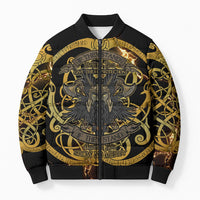 Viking Warrior Guardian Quote Bomber Puffer Jacket Runic Circle Odin Ravens Mythology Dark Gold
